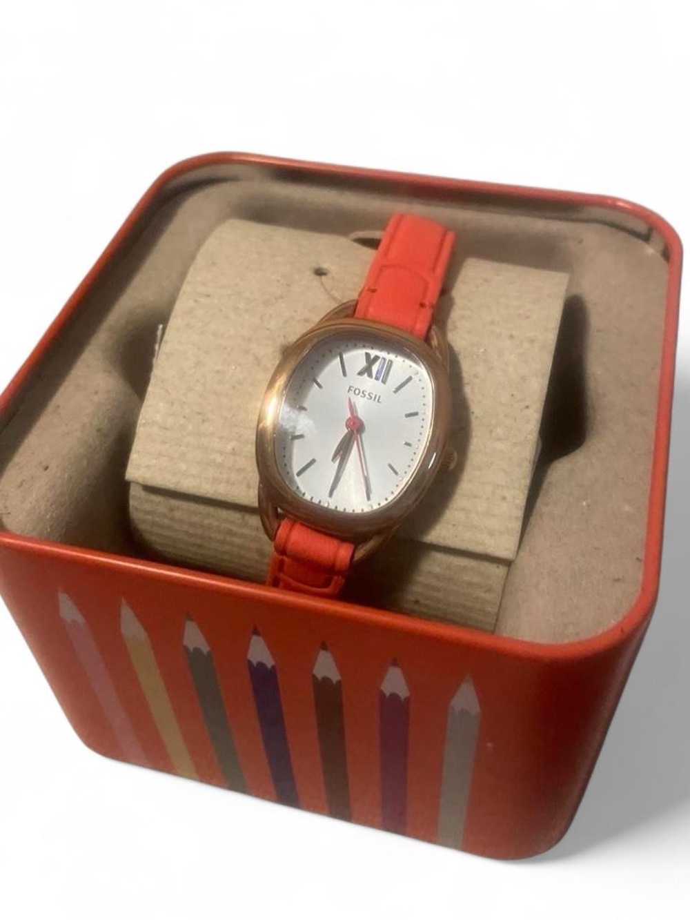 Fossil Women's Orange Leather Strap Rose Gold-Tone Oval Watch